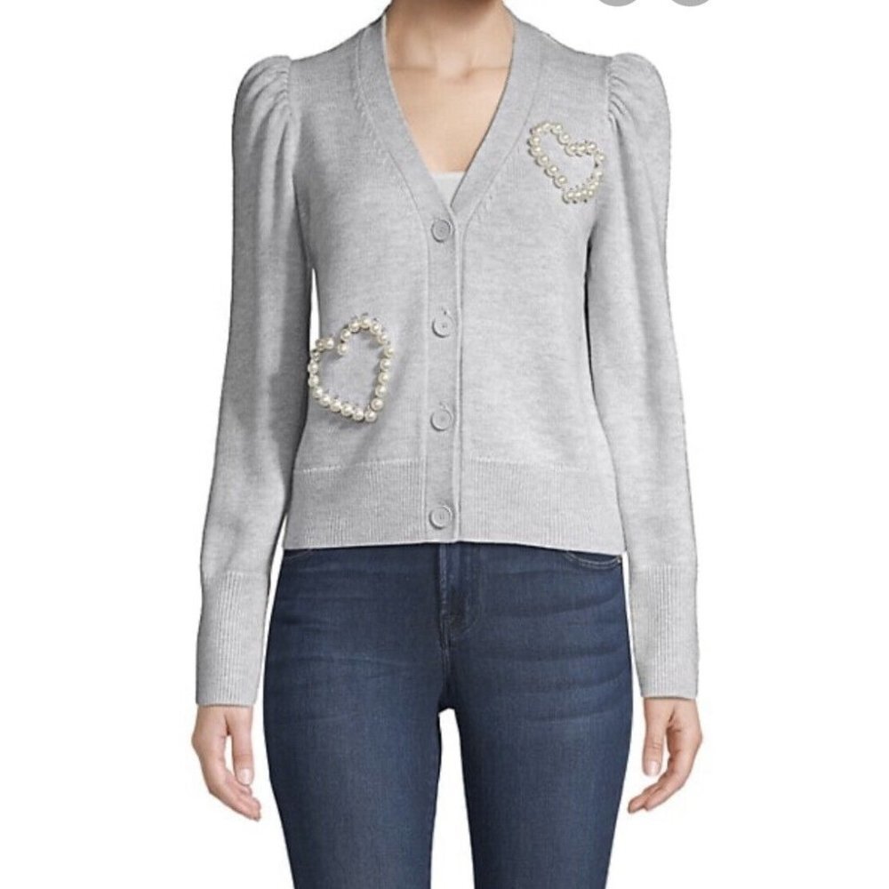 Kate Spade Womens XSmall Pearl Heart Gray Knit Long Sleeve Button Front Cardigan